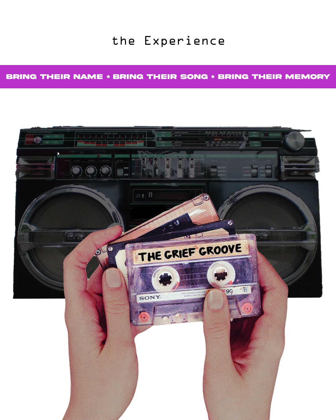 The Grief Groove cassette held in front of a vintage boombox